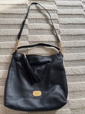 Michael Kors Black Pebbled Leather Shoulder Bag with Tassel